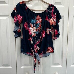 Lucky Brand Dark Blue Floral Blouse with Tie